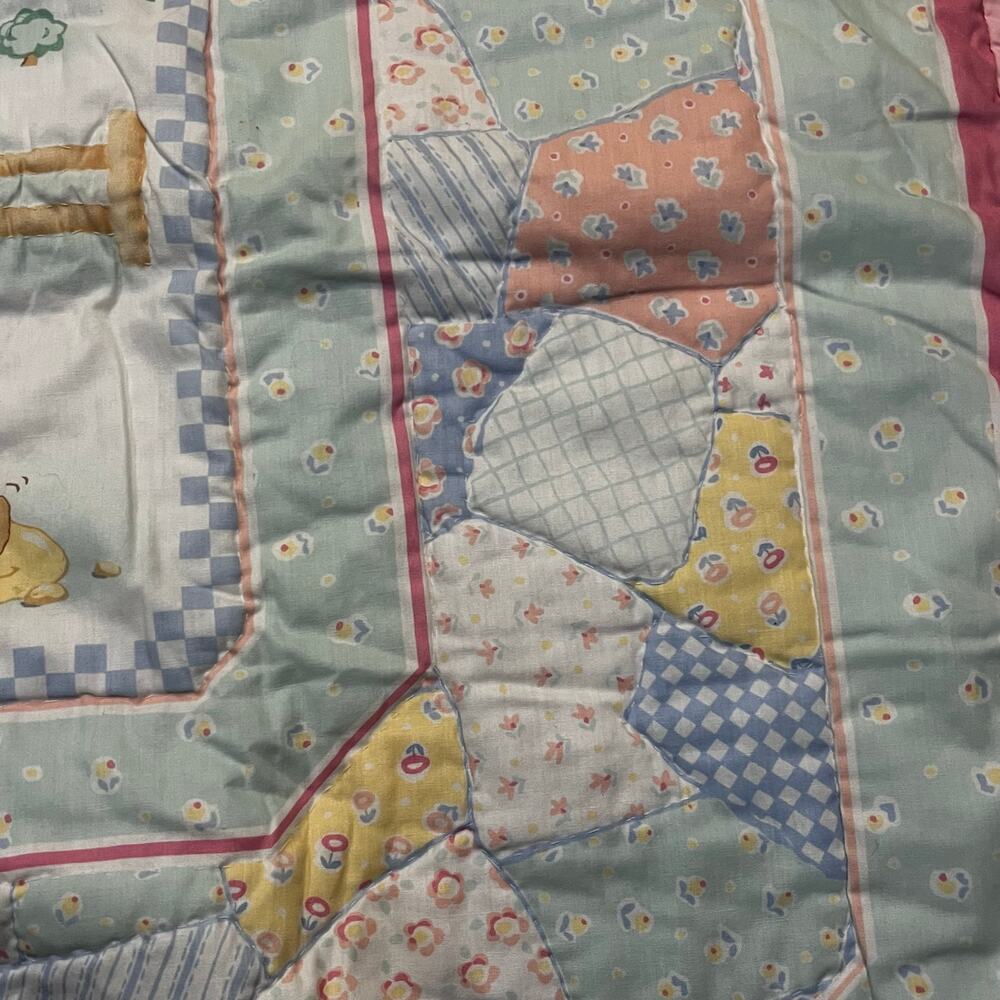 Vintage Quilted Embroidered Kitschy Baby Blanket 34 x 43 Pastels Bunny Cottage‎ - Picture 3 of 7